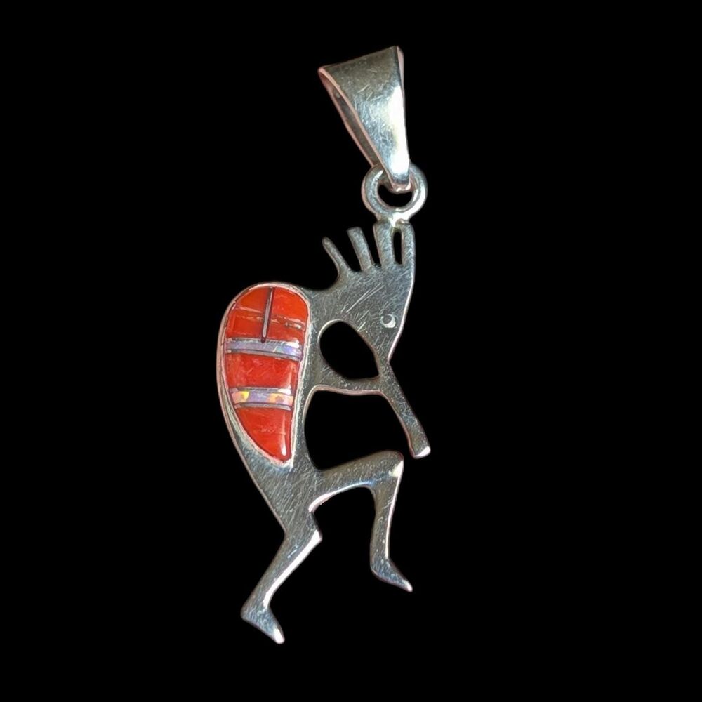 Vintage Navajo Lowell Drape Double Sided Kokopelli Coral Opal Sterling Pendant